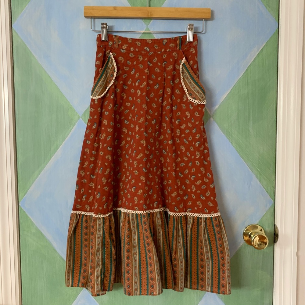 70s Bohemian peasant prairie skirt Rust Orange XS
